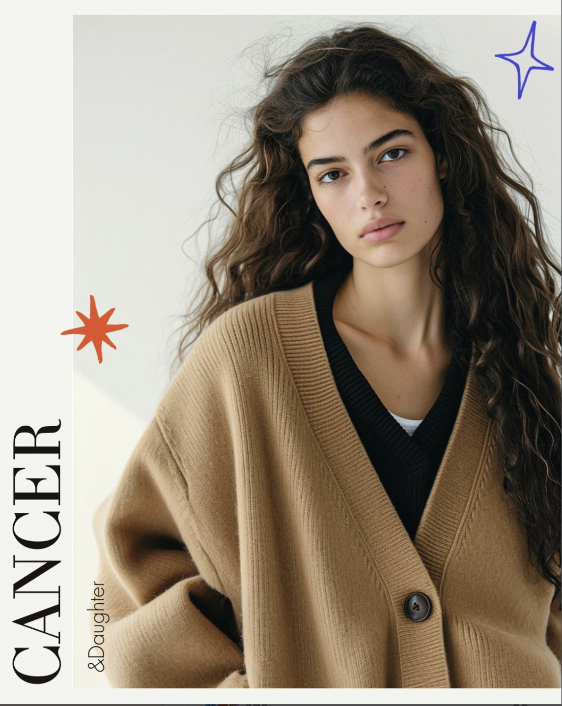 Portrait of a young woman with brown curly hair and brown cardigan, posing indoors against a plain background with star graphics.