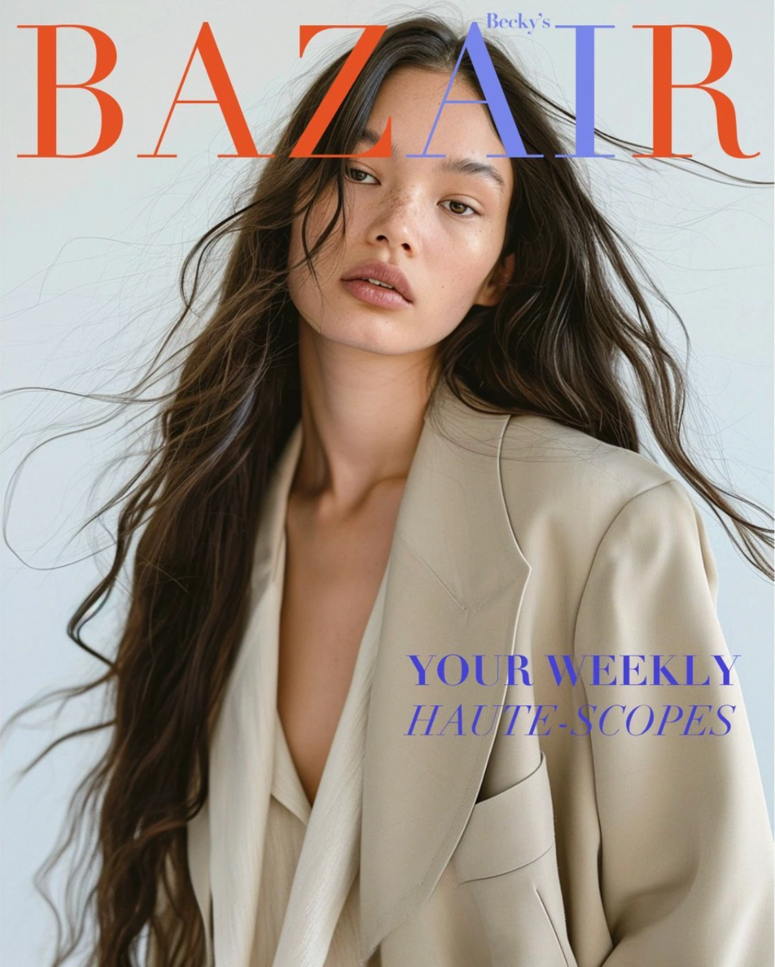 Close-up portrait of a woman with long dark hair wearing a beige blazer against a plain white background with magazine typography overlay.