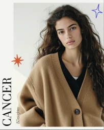 Portrait of a woman with long dark wavy hair wearing a camel cardigan against a white background with overlaid text and graphics.