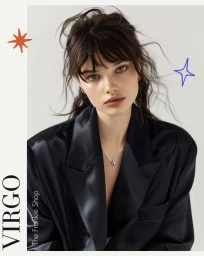Portrait of a young woman with dark hair wearing a black satin blazer against a plain white background with graphic star illustrations