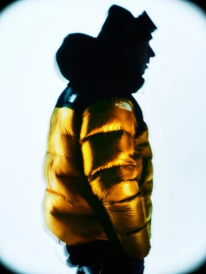 Profile of a person wearing a shiny gold puffer jacket against a glowing white backdrop with dark vignette corners.
