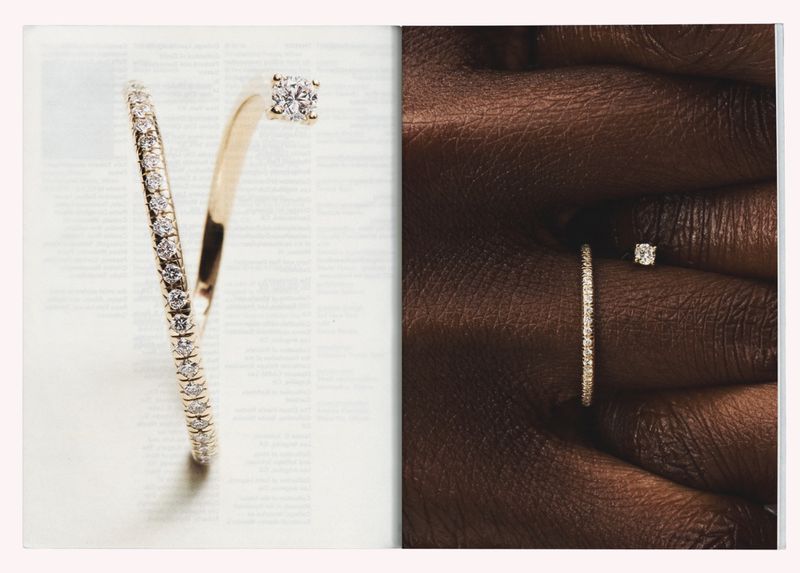 Close-up split image showing a pave diamond ring on a light background and worn on a hand for Mejuri jewelry campaign