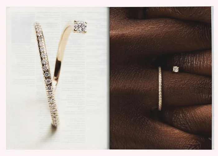 Close-up split image showing a pave diamond ring on a light background and worn on a hand for Mejuri jewelry campaign