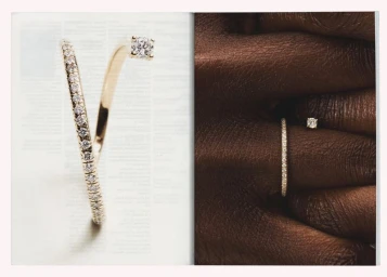 Close-up split image showing a pave diamond ring on a light background and worn on a hand for Mejuri jewelry campaign