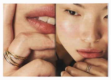 Close-up split layout showing interlocking gold and silver rings worn on fingers near lips and face with natural makeup