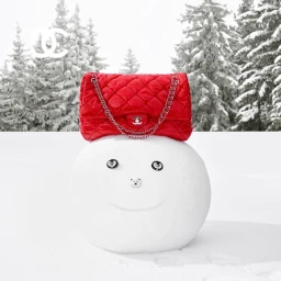 Red quilted Chanel handbag resting on top of a round snowman head in a snowy outdoor forest setting.