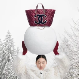Model wearing white furry coat holding large snowball with quilted burgundy Chanel tote bag balanced on top in snowy forest.