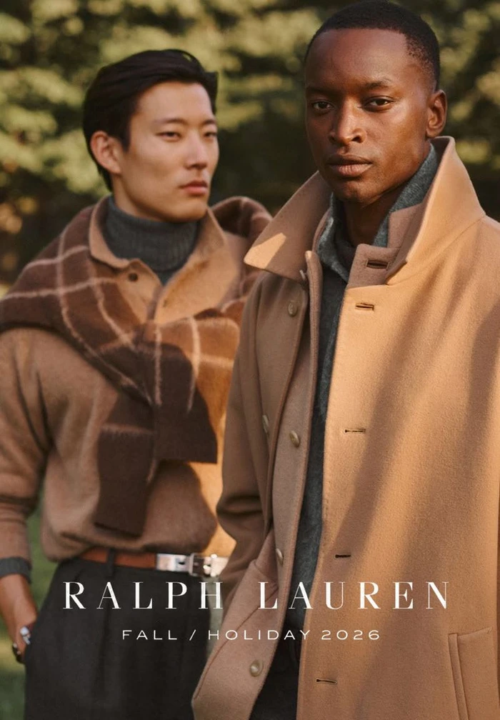 Two male models in camel coats and sweaters standing outdoors against a natural pine tree background.
