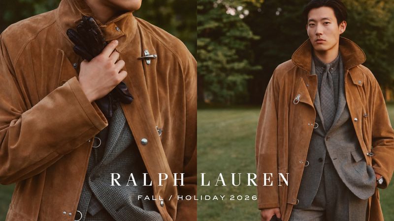 Model in brown suede coat and grey suit holding dark gloves for Ralph Lauren Fall Holiday 2026 campaign.