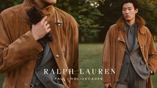 Model in brown suede coat and grey suit holding dark gloves for Ralph Lauren Fall Holiday 2026 campaign.