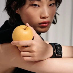 Model Wenli Zhao holding a yellow apple with an Hermes smart watch on her wrist against a white background