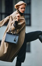 Model in a tan coat carrying a black handbag while moving dynamically outdoors