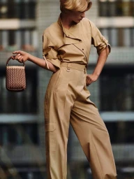 Model in camel colored jumpsuit holding a small woven handbag outdoors against an urban background