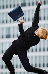 Model in black clothing holding up a blue handbag against an urban building facade