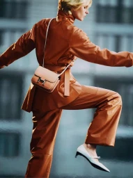 Model in caramel leather suit wearing a crossbody bag and white heels against a blurred urban background