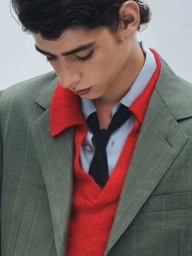Close-up portrait of a young man wearing a green blazer over a red sweater, light blue shirt, and dark tie.