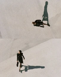 High-angle view of a model in a black dress carrying a handbag walking across a textured concrete plaza, casting a long shadow.