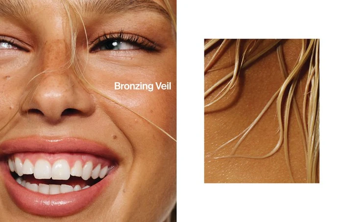 Close-up beauty portrait of a smiling woman with sun-kissed skin next to a detailed inset of bronzed skin and blonde hair for Haus Labs.