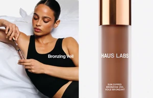 Model in black tank top applying cosmetic product next to a Haus Labs Bronzing Veil bottle on a white background