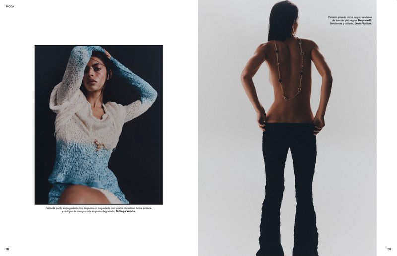Fashion editorial shot featuring an adult female model in a knit sweater against a black background and black pants against a white background.