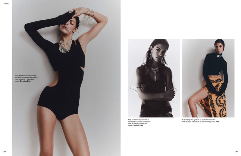 Fashion editorial spread features a female model in a black bodysuit with cutouts, pearl jewelry, and a white studio background.