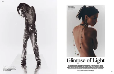 Double-page fashion magazine spread titled Glimpse of Light featuring a full-length model and a portrait with gemstone jewelry.