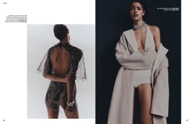 Magazine editorial spread featuring a model in a black sequined backless romper beside a portrait in a cream coat and crystal choker.