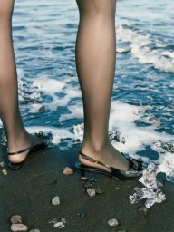 Close-up of legs in black stockings and black slingback heels standing on a dark sandy beach with ocean waves.