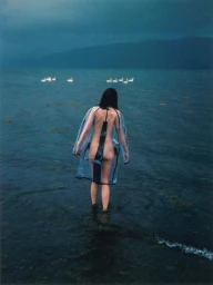 Woman wearing a transparent raincoat standing in dark water with swans in the distance