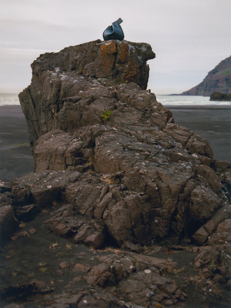Dark sculptural object resting on top of a jagged rock formation on a dark sandy beach.