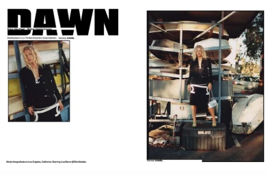 Fashion magazine spread titled Dawn featuring model Liva Borre standing near stacked boats in Los Angeles for InStyle Mexico.