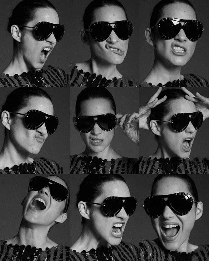 Marion Cotillard in a grid of nine portraits wearing dark oversized sunglasses and a textured dark top against a grey background