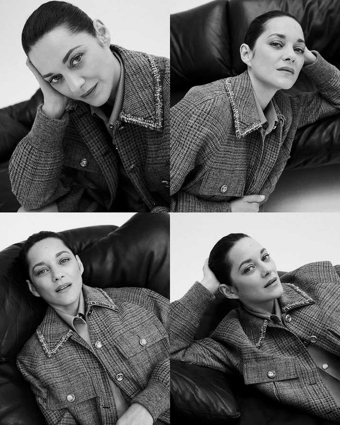 Four-panel black and white portrait grid of Marion Cotillard wearing a patterned tweed jacket