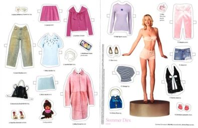 Model standing on a small platform surrounded by cutout paper doll fashion items on a white background.