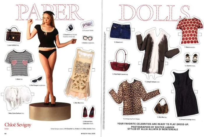 Chloe Sevigny standing on a paper doll pedestal surrounded by cutout fashion items in a magazine layout