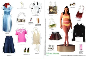 Paper doll style fashion editorial layout featuring model Paloma Elsesser alongside cut out clothing items and accessories