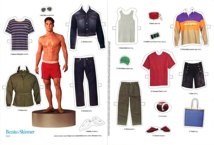 Paper doll style layout featuring a male figure standing on a platform with interchangeable clothing and accessories arranged around him