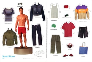 Paper doll style layout featuring a male figure standing on a platform with interchangeable clothing and accessories arranged around him