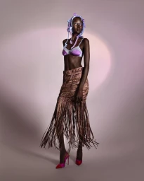 Model with braided hair accessories wearing a purple bralette and fringe skirt against a soft gradient circle background.