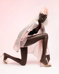 Model kneeling on pale studio backdrop wearing pink sheer shirt, lace shorts, and feathered heels