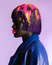 Model in profile wearing a blue jacket with painted purple and pink hair against a solid light purple background