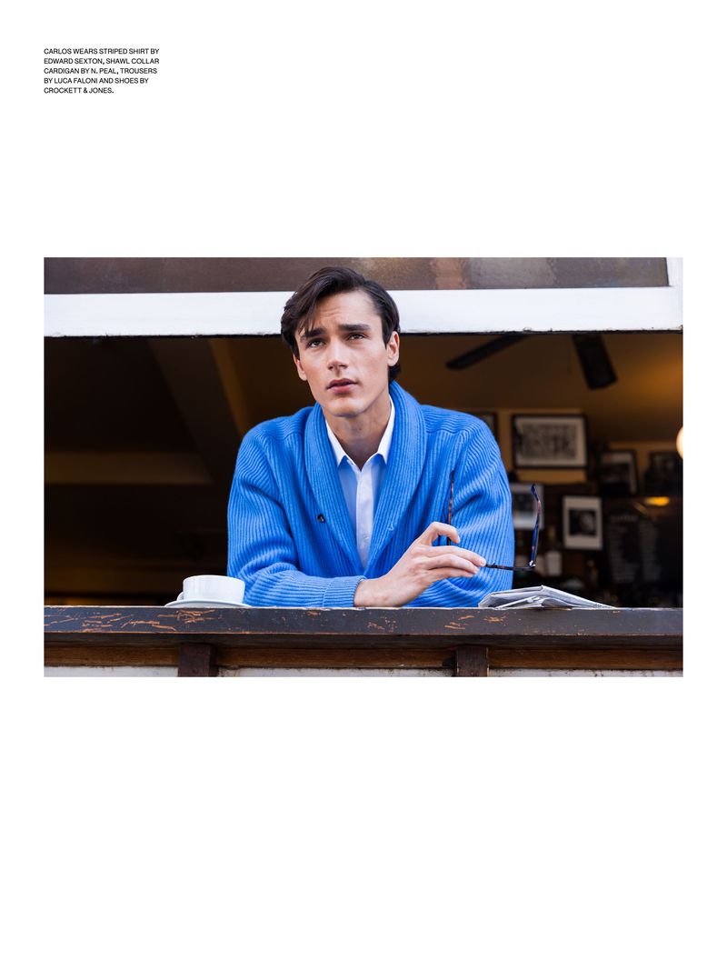 A handsome man with dark hair and a blue cardigan poses indoors in front of a window with a cup, papers, and other items.