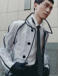 Model in clear vinyl jacket with black trim, white shirt, dotted tie, and gloves against stone tile wall