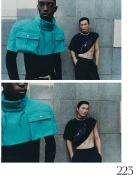 Two male models posing against a tiled wall in a French Magazine fashion editorial by Lian Benoit