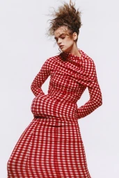 Model in a red and white checkered dress with voluminous hip detailing posing against a plain white background.