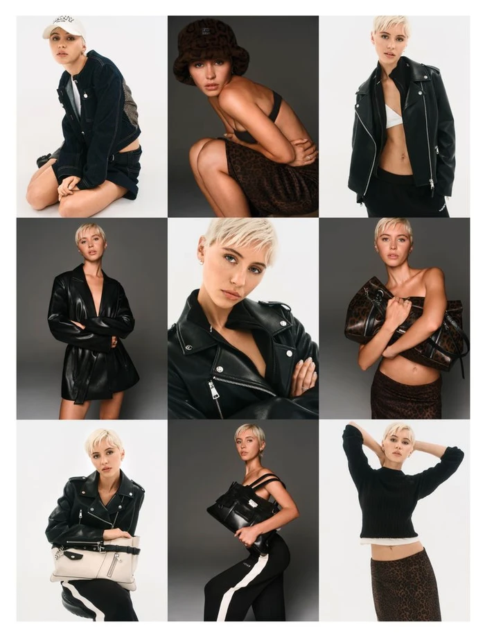 Amelia Gray and Iris Law in DKNY Fall 26 campaign wearing leather jackets and black knitwear against neutral backgrounds