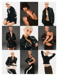 Amelia Gray and Iris Law in DKNY Fall 26 campaign wearing leather jackets and black knitwear against neutral backgrounds