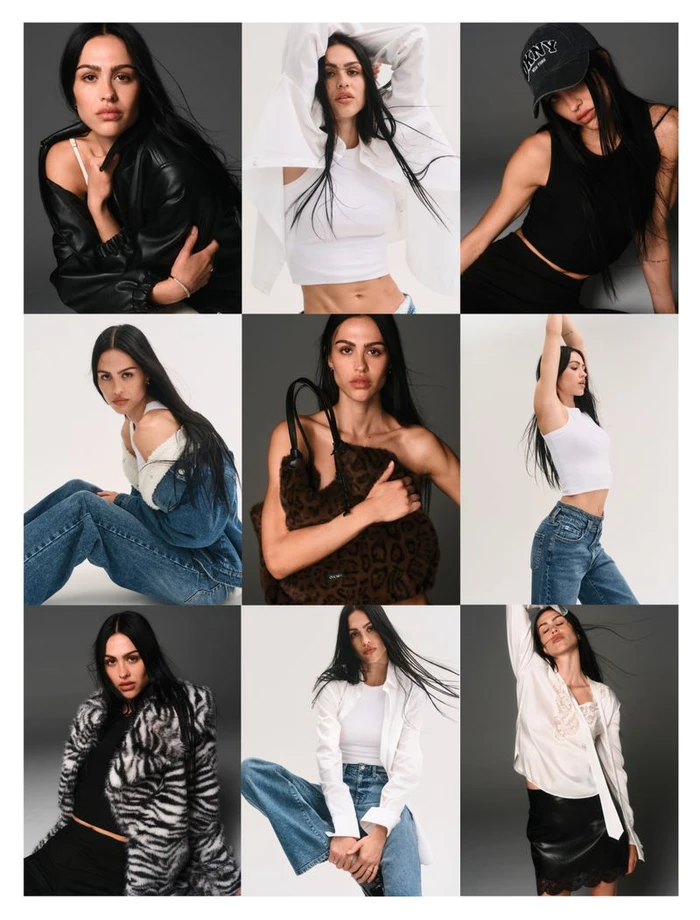 Amelia Gray and Iris Law in a nine-panel grid of DKNY Fall 26 fashion editorial portraits on grey studio backgrounds.