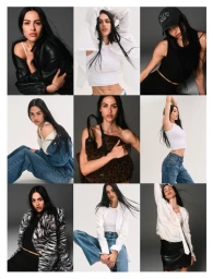 Amelia Gray and Iris Law in a nine-panel grid of DKNY Fall 26 fashion editorial portraits on grey studio backgrounds.