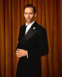 Tom Hiddleston in a black tuxedo and white shirt standing against a gold curtain backdrop for Esquire UK